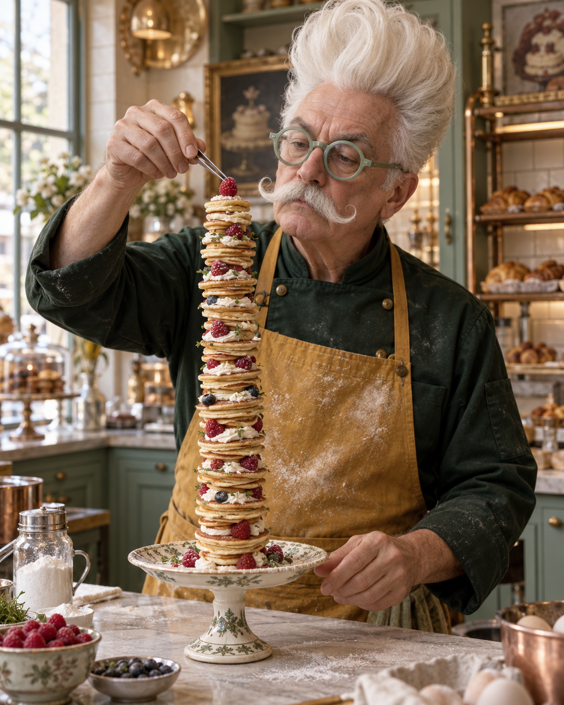 AI-created eccentric pastry chef carefully placing a raspberry on a towering stack of miniature pancakes